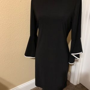 Black with White Piping Bell Sleeve Dress